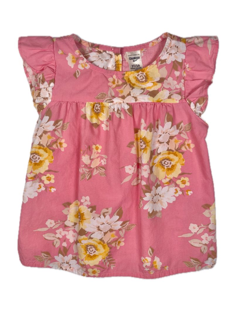 3/3T OshKosh B'Gosh, Pink, Flutter sleeve floral shirt