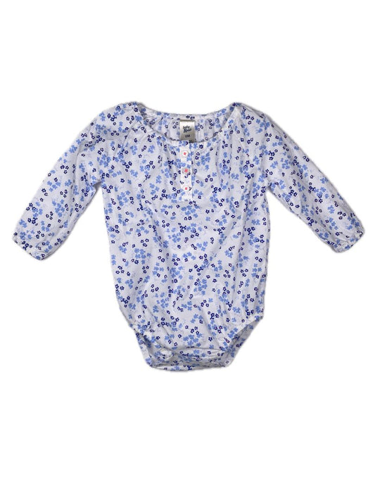 6 mo OshKosh B'Gosh, Blue, Long-sleeve floral onesie button neck white/blue