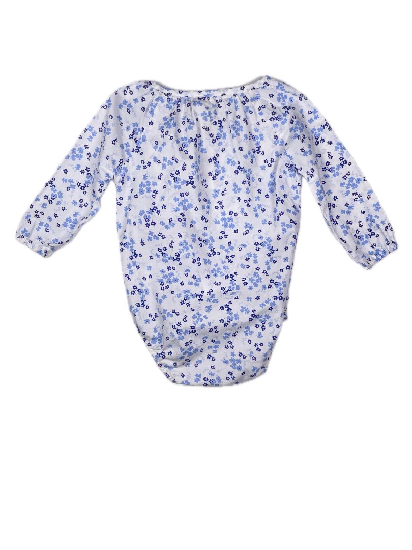 6 mo OshKosh B'Gosh, Blue, Long-sleeve floral onesie button neck white/blue