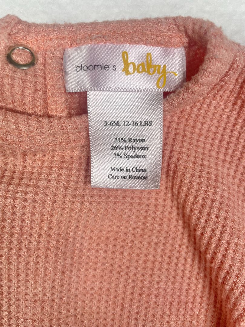 3-6 mo, Bloomie's Baby, Pink, Waffle-knit long-sleeve shirt w/ ruffles at shoulders