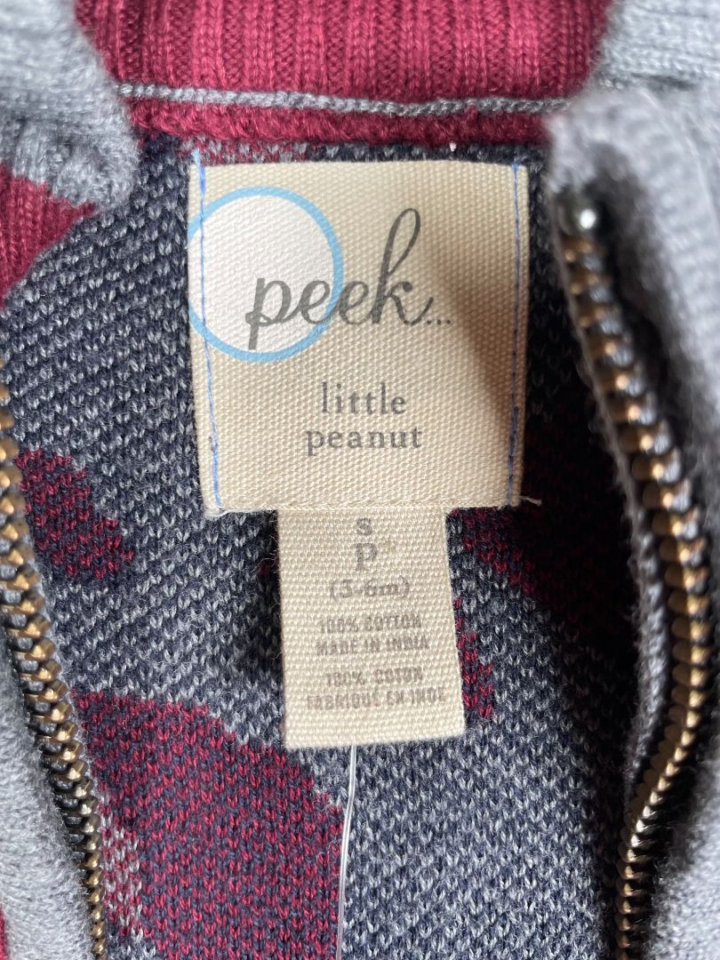 3-6 mo, Peek, Grey, NEW w/ tags - Jacquard zip-up camo sweater, navy/burgundy