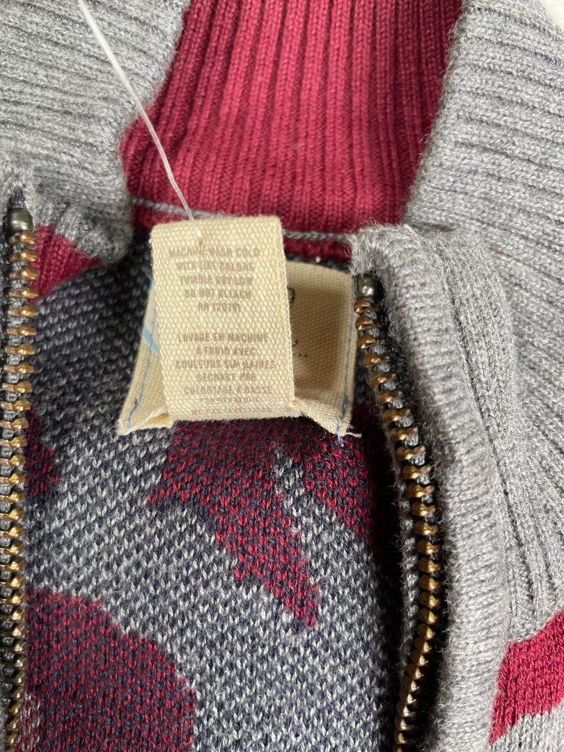 3-6 mo, Peek, Grey, NEW w/ tags - Jacquard zip-up camo sweater, navy/burgundy