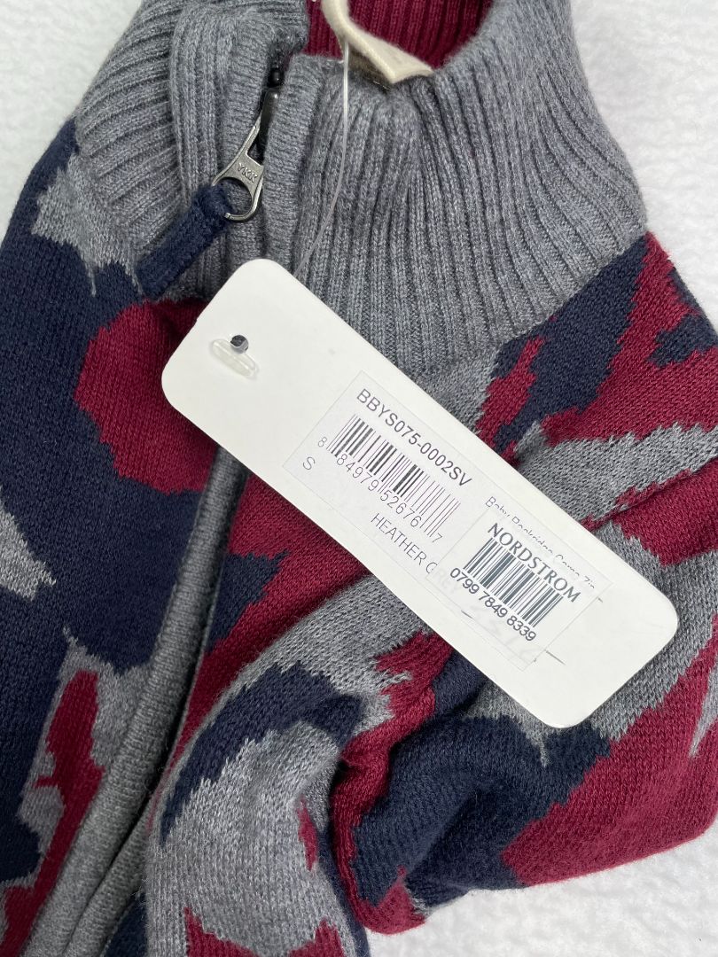 3-6 mo, Peek, Grey, NEW w/ tags - Jacquard zip-up camo sweater, navy/burgundy
