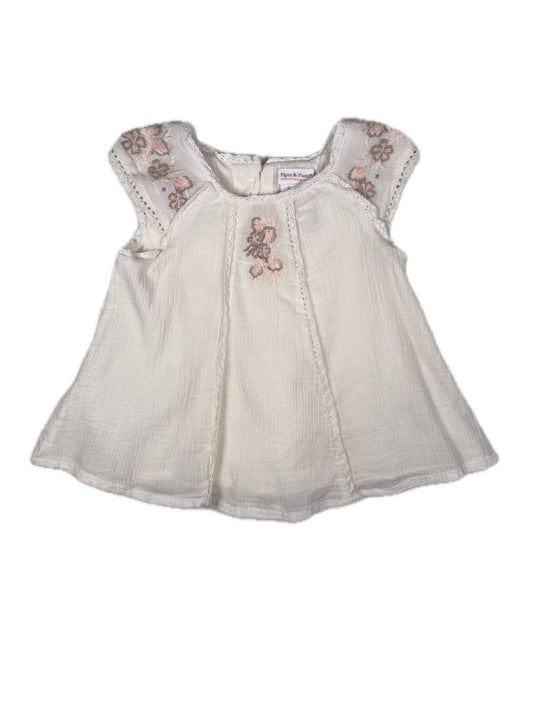 24 mo Piper & Posie, Ivory, Short-sleeve gauzy floral embroidered blouse