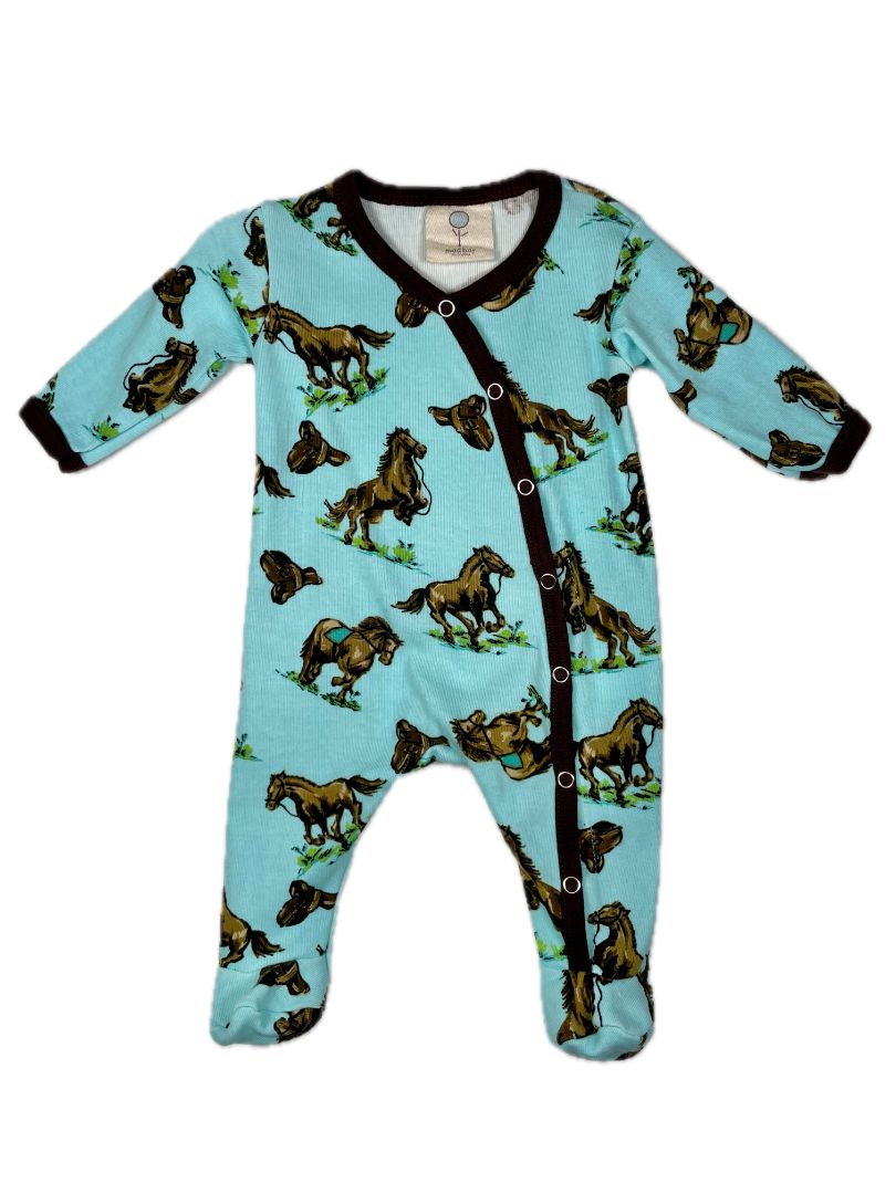 3 mo Madboy Los Angeles, Blue, Horse print footed bodysuit onesie