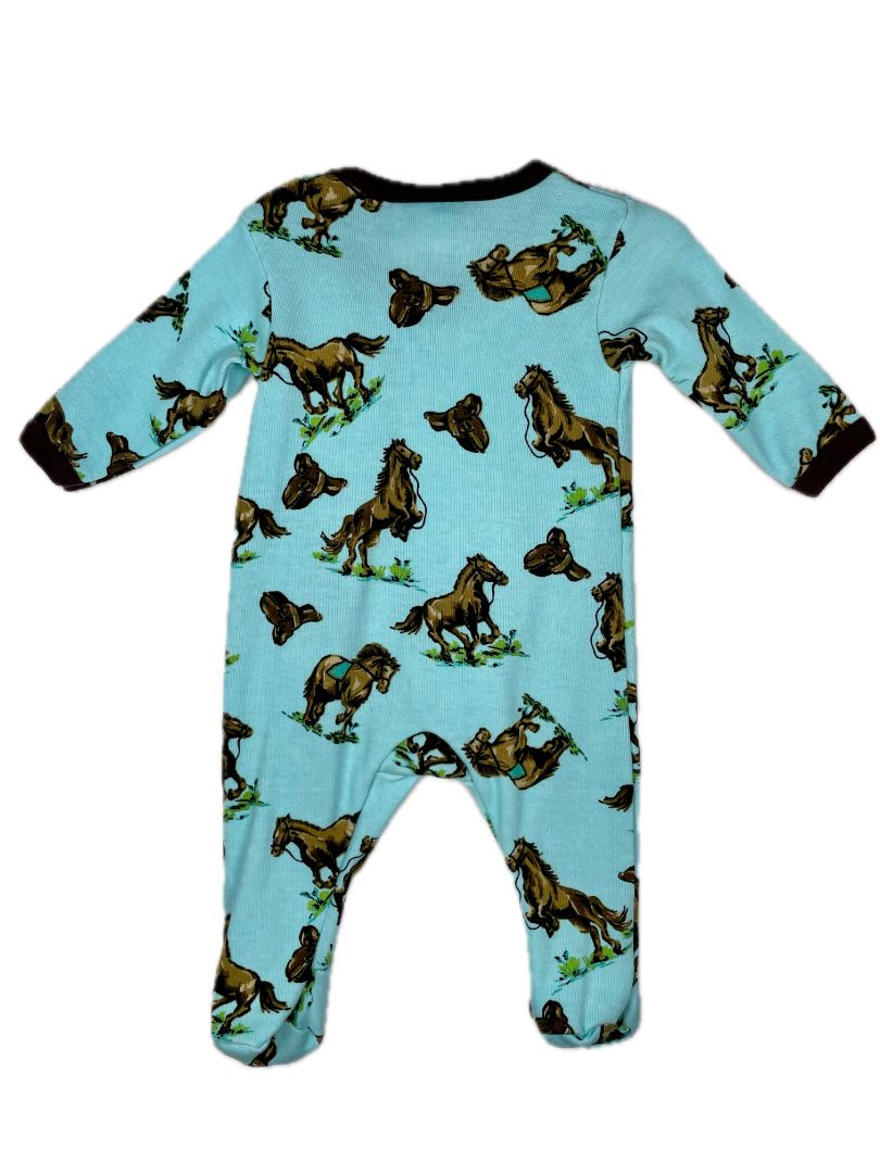 3 mo Madboy Los Angeles, Blue, Horse print footed bodysuit onesie