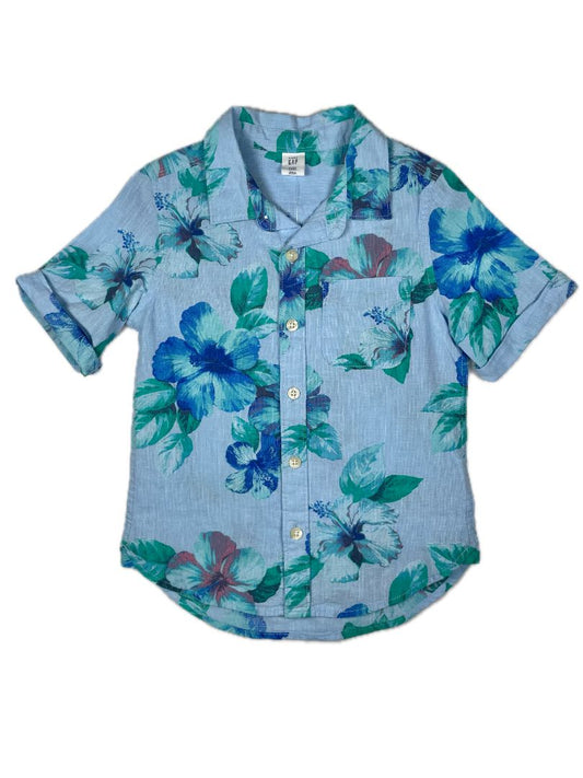 4/4T babyGap, Blue, New w/ tags - Linen mix short-sleeve tropical print button-up shirt