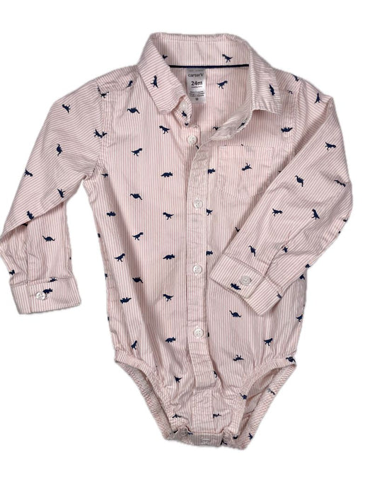 24 mo Carter's crisp cotton long-sleeve salmon-striped/navy dinosaur print button-up bodysuit