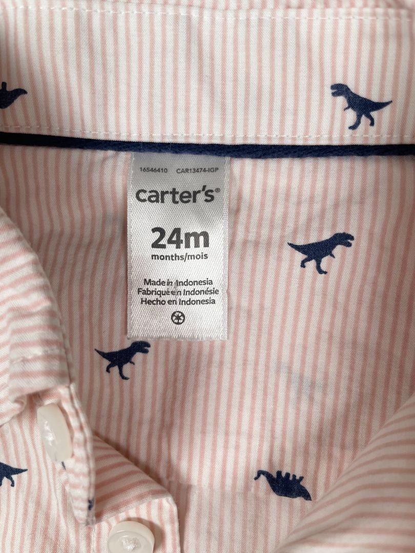 24 mo Carter's crisp cotton long-sleeve salmon-striped/navy dinosaur print button-up bodysuit