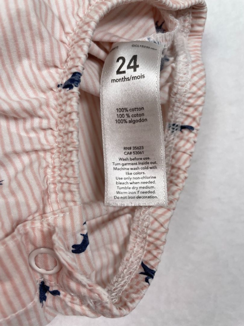 24 mo Carter's crisp cotton long-sleeve salmon-striped/navy dinosaur print button-up bodysuit