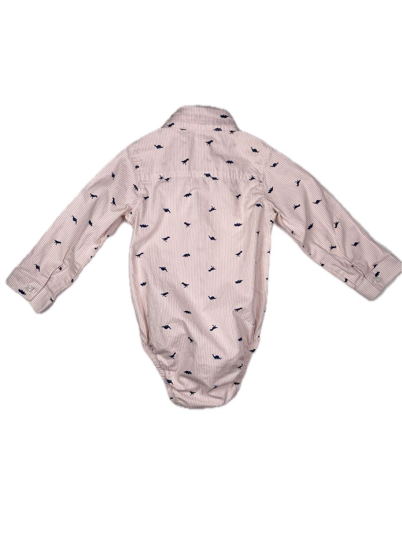 24 mo Carter's crisp cotton long-sleeve salmon-striped/navy dinosaur print button-up bodysuit