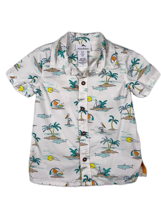 3/3T Tommy Bahama, White, Short-sleeve beach print button-up shirt