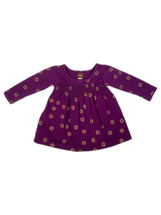 3-6 mo Tea Collection, Purple, Long-sleeve gold glitter flower print shirt w/ smocking