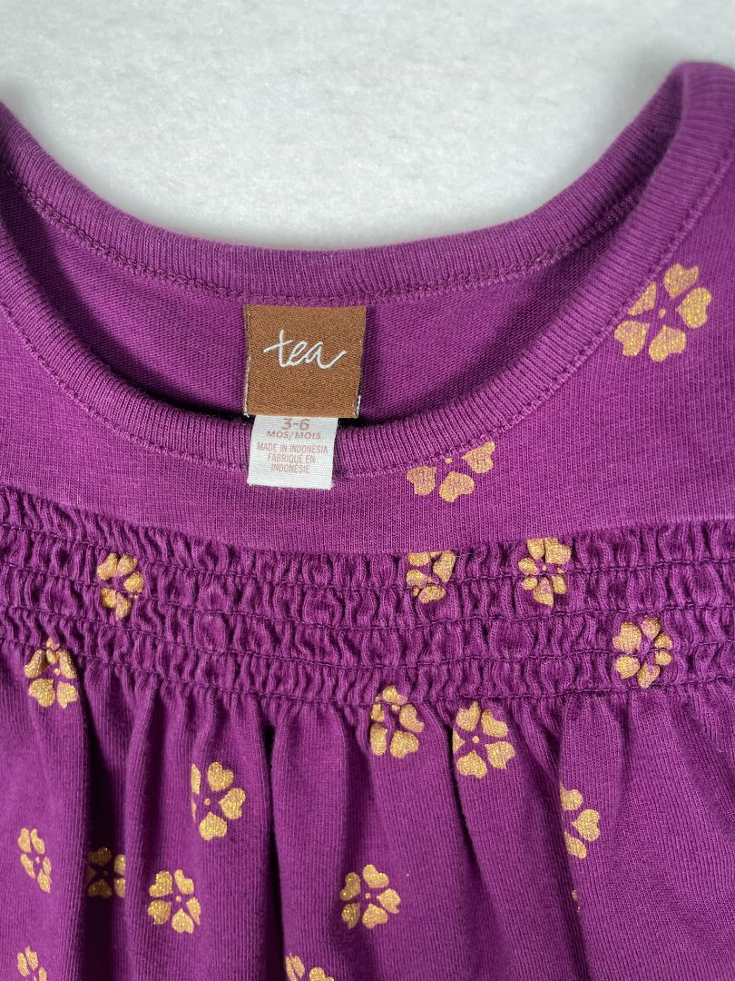 3-6 mo Tea Collection, Purple, Long-sleeve gold glitter flower print shirt w/ smocking