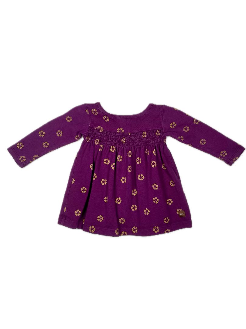 3-6 mo Tea Collection, Purple, Long-sleeve gold glitter flower print shirt w/ smocking