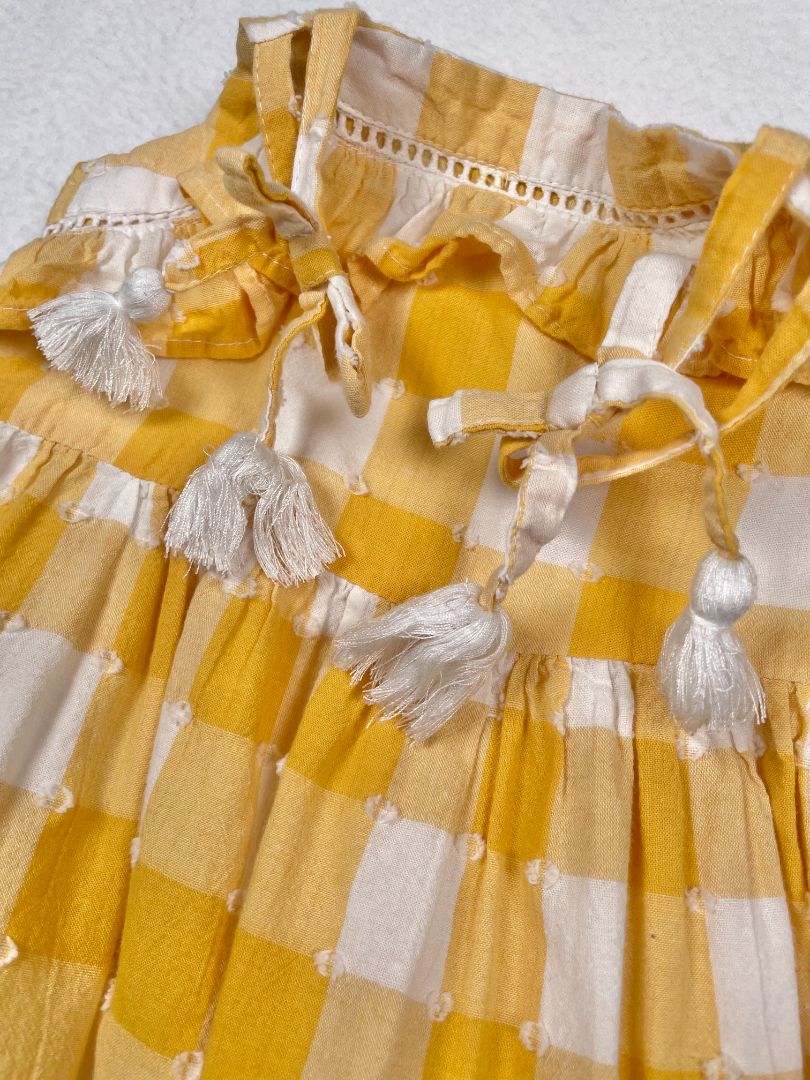 4/4T Tommy Bahama, Yellow, Spaghetti-strap gingham dress with ruffles and trim