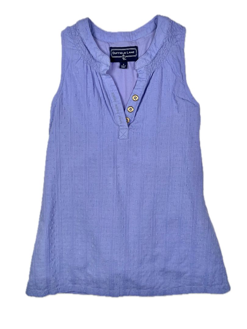 4/4T Duffield Lane, Purple, Sleeveless swiss dot button-neck dress, lined, side zip