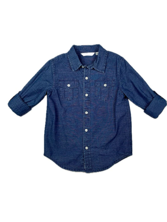 4/4T Janie and Jack, Blue, Long-sleeve button-up shirt w/ cuff sleeves, thin horz. stripe print