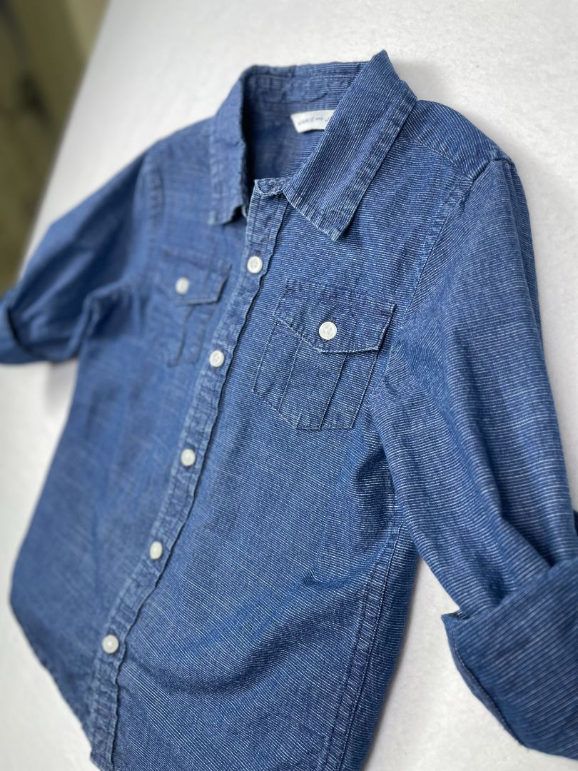 4/4T Janie and Jack, Blue, Long-sleeve button-up shirt w/ cuff sleeves, thin horz. stripe print