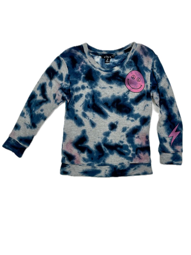 4/4T Flowers By Zoe, Blue, Soft tie-dye print sweatshirt with smiley face, blue/grey/pink