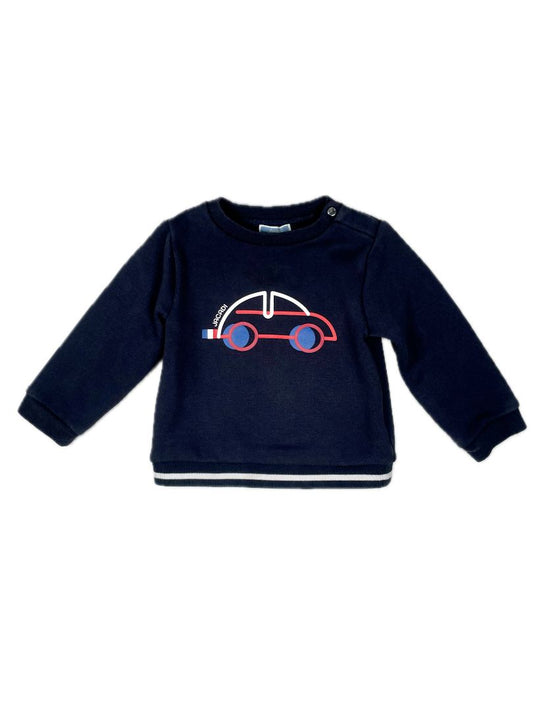 24 mo Jacadi, Blue, Sweatshirt w/ car and striped band, blue/red/white