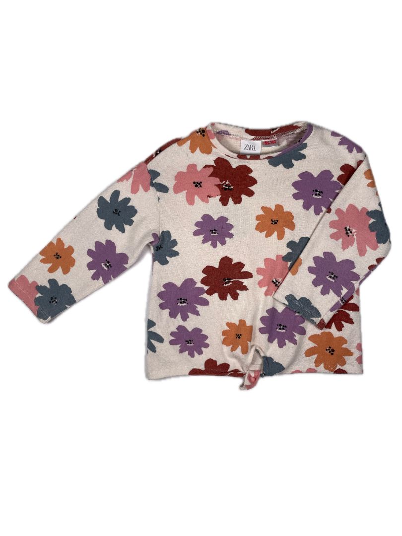 3-4 Zara, Multi, Soft long-sleeve floral print shirt w/ fixed front tie, pink/purple/brown flowers