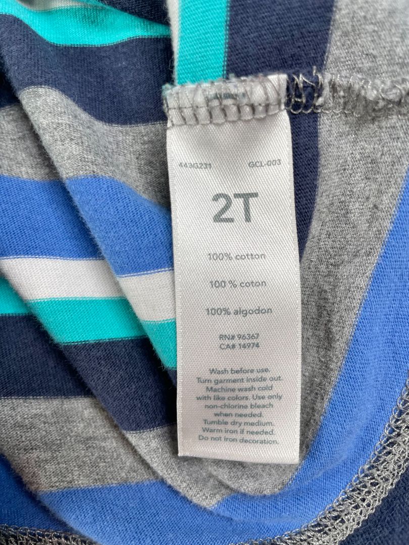 2/2T, OshKosh B'Gosh, Grey, Blue and teal striped long-sleeve henley shirt, stitched elbows