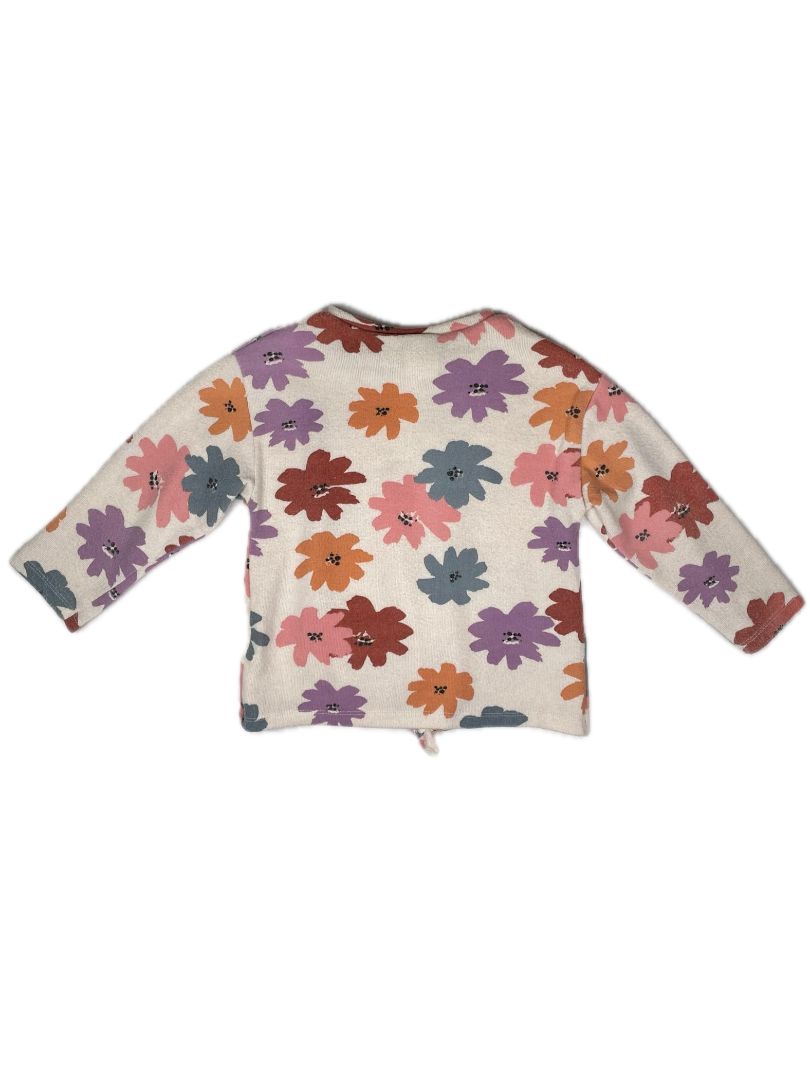 3-4 Zara, Multi, Soft long-sleeve floral print shirt w/ fixed front tie, pink/purple/brown flowers