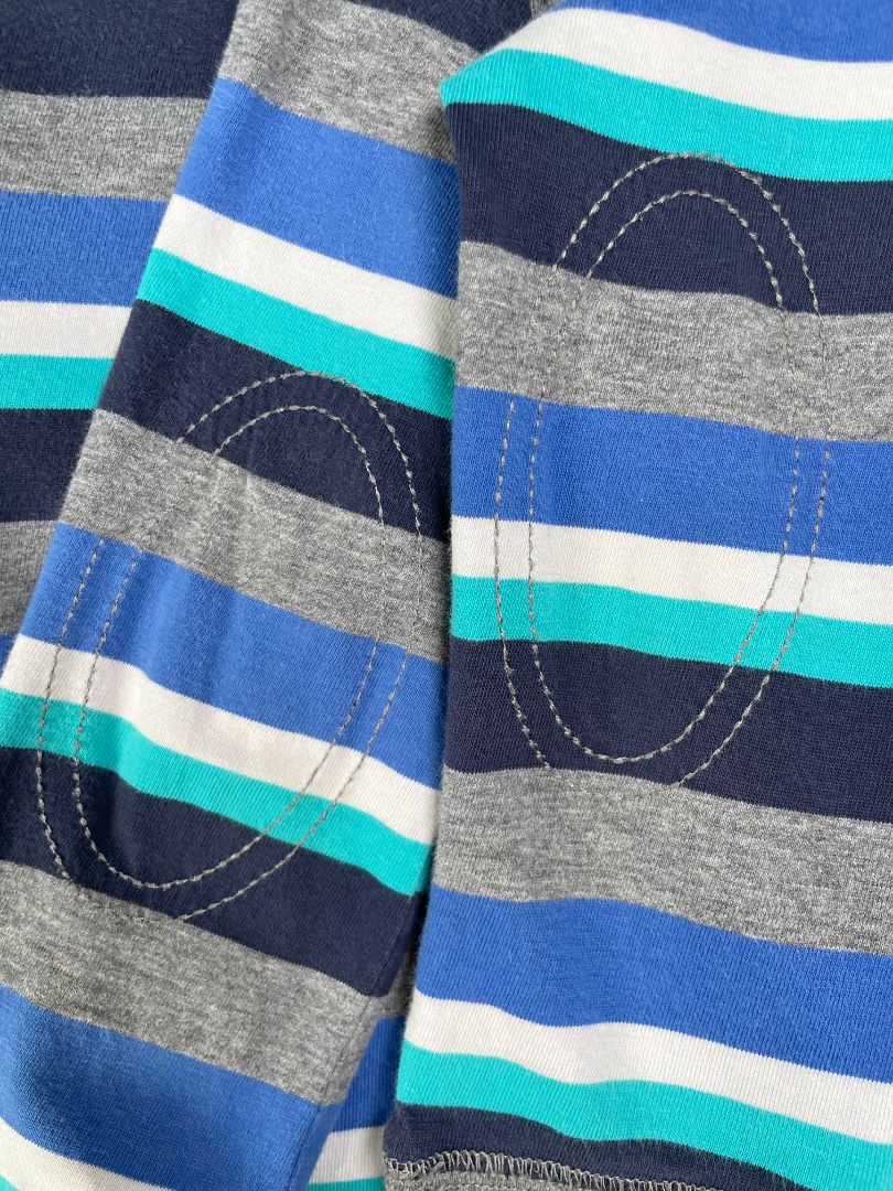 2/2T, OshKosh B'Gosh, Grey, Blue and teal striped long-sleeve henley shirt, stitched elbows