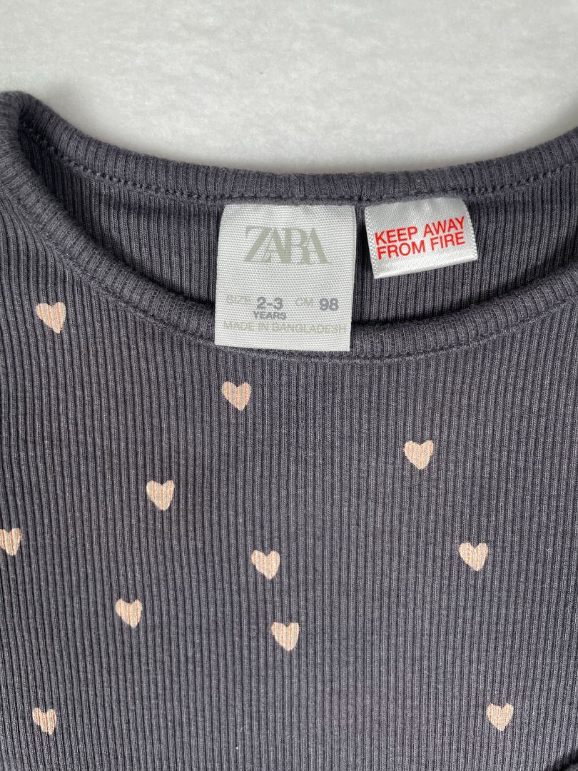 2-3 Zara, Grey, Long-sleeve shirt w/ pink heart print & ruffled edges