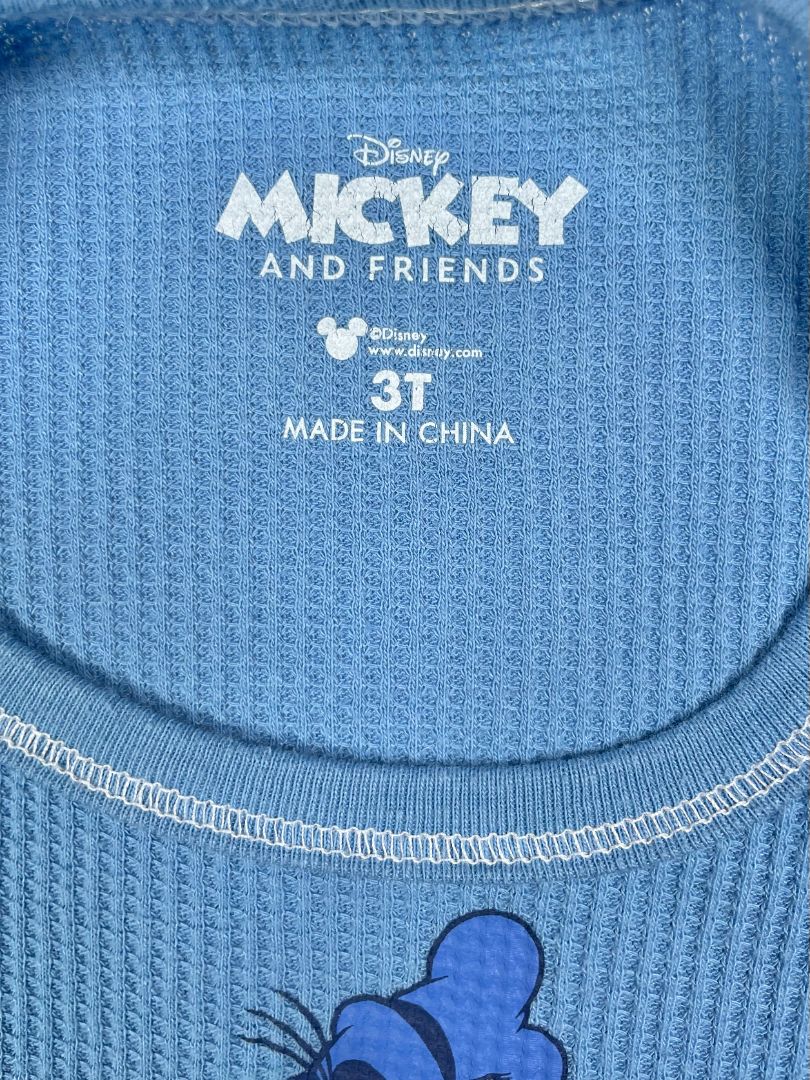 3/3T, Disney, Blue, Mickey Mouse, Goofy, Donald Duck waffle-knit long-sleeve shirt