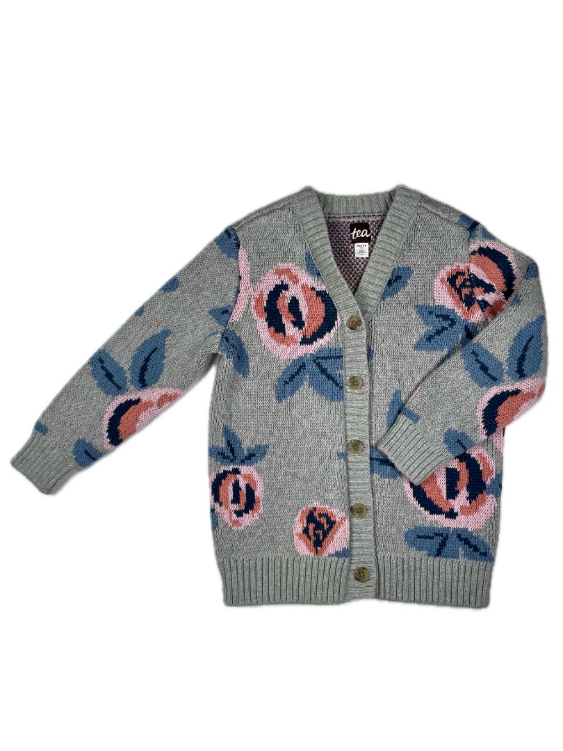 2-3 Tea Collection, Grey, Long floral button-up cardigan, soft-combed cotton