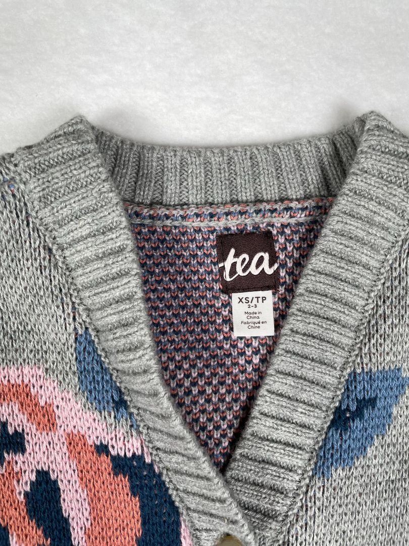 2-3 Tea Collection, Grey, Long floral button-up cardigan, soft-combed cotton