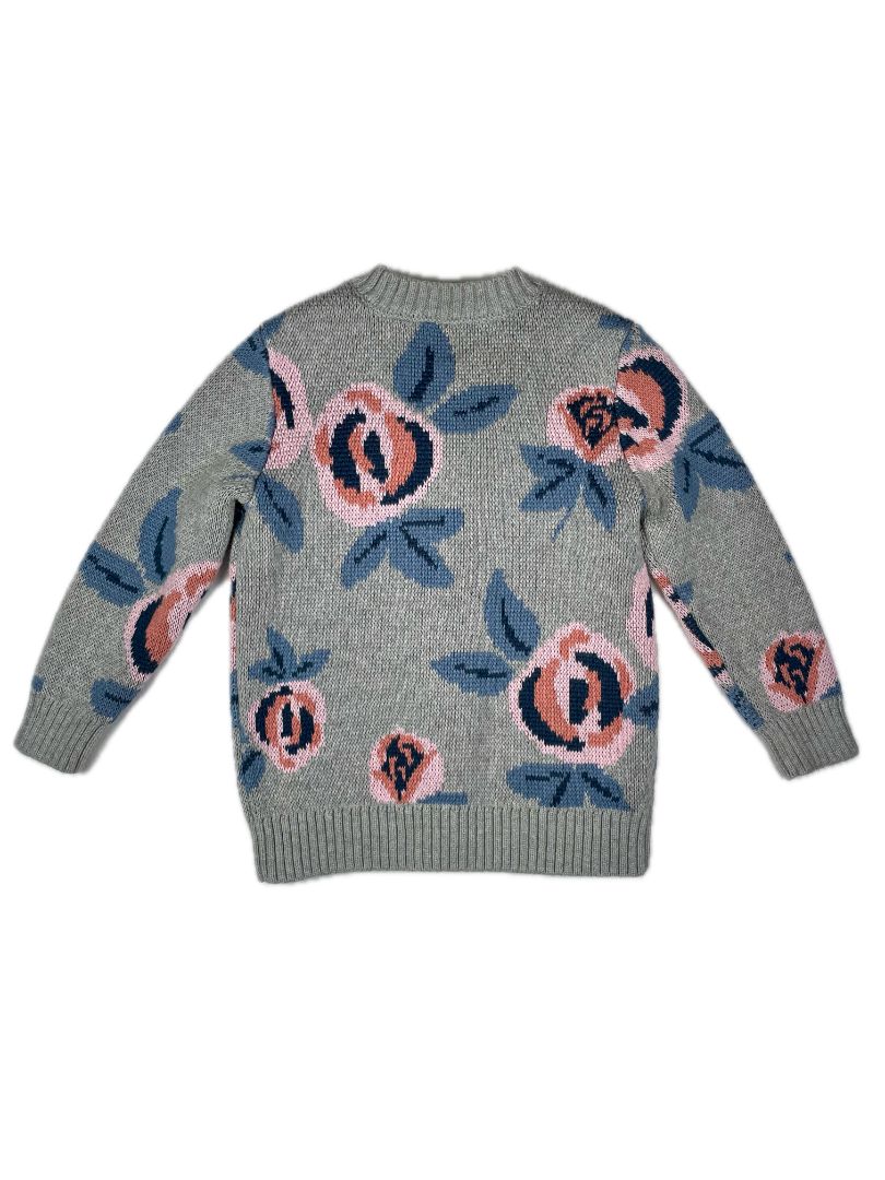 2-3 Tea Collection, Grey, Long floral button-up cardigan, soft-combed cotton