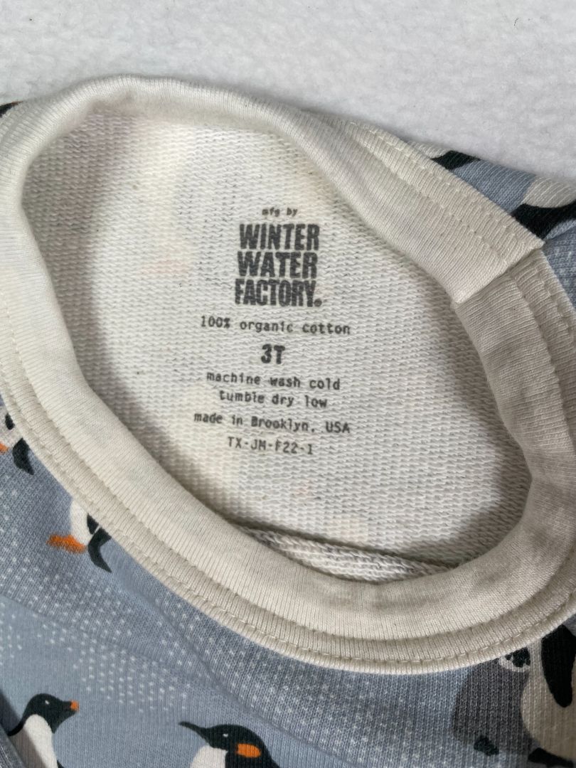 3/3T, Winter Water Factory, Blue, Penguin print French Terry sweatshirt, organic cotton