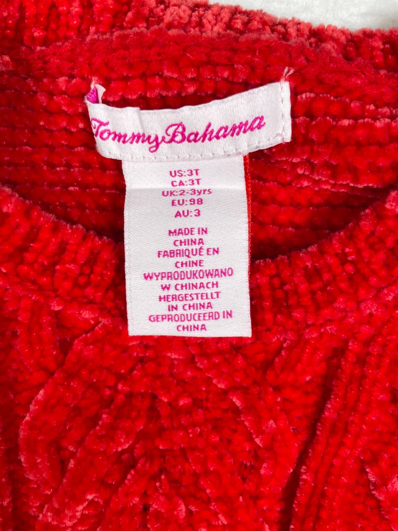 3/3T, Tommy Bahama, Red, Cable knit chenille sweater, scallop hem
