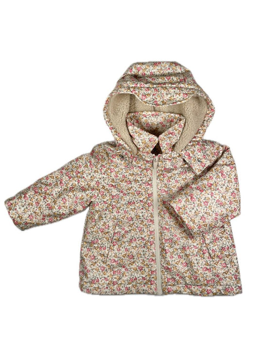 12-18 mo Zara, Cream, Rubberized floral raincoat w/ cozy lined hood, pink/yellow