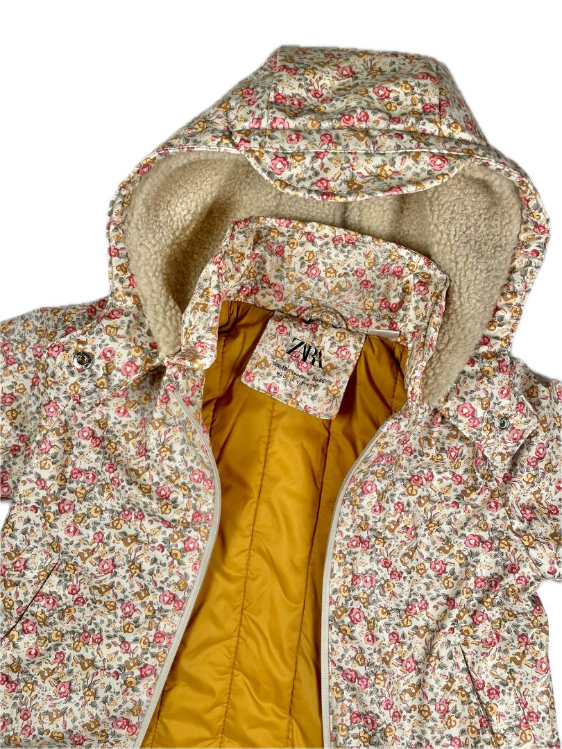 12-18 mo Zara, Cream, Rubberized floral raincoat w/ cozy lined hood, pink/yellow