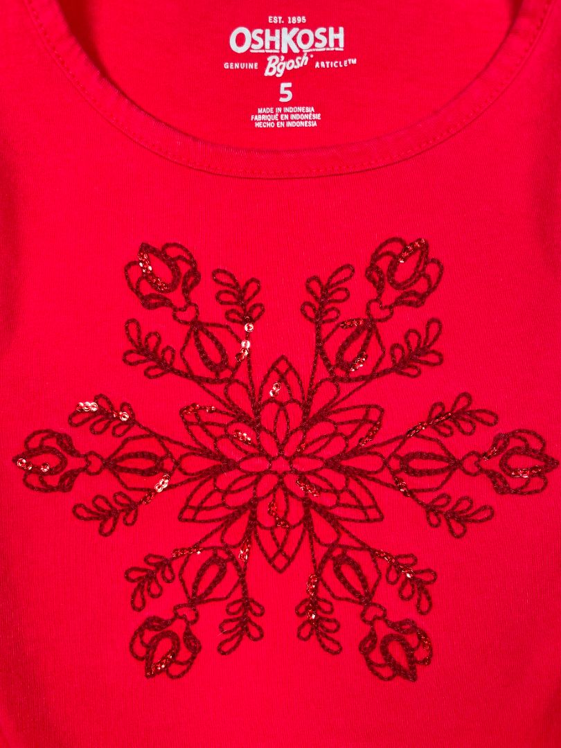 5/5T, OshKosh B'Gosh, Red, Long-sleeve shirt w/ embroidered snowflake, red sequins