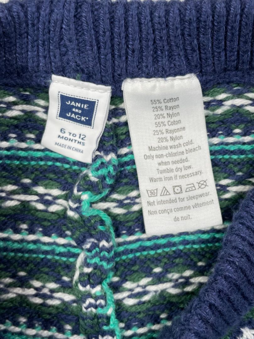 6-12 mo, Janie and Jack, Blue, Fair isle knit pull-on sweater leggings, green/white