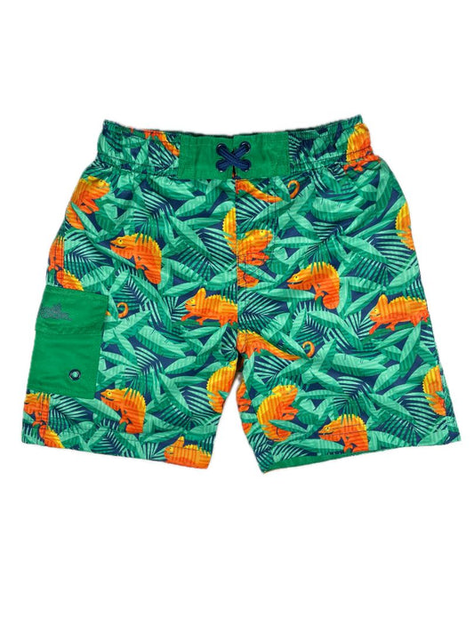 4/4T UV Skinz, Multi, Chameleon & tropical leaf print swim trunks, orange/green/blue