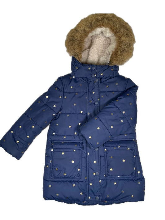 2-3 Boden, Blue, All-weather waterproof jacket, shearling-lined  w/ zip-off hood, metallic star print