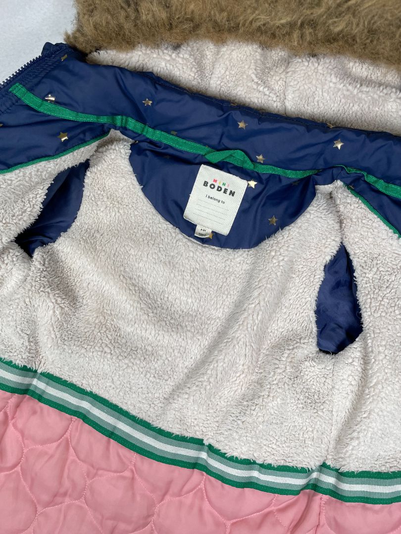 2-3 Boden, Blue, All-weather waterproof jacket, shearling-lined  w/ zip-off hood, metallic star print