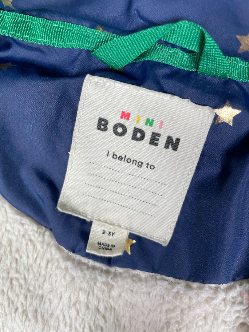 2-3 Boden, Blue, All-weather waterproof jacket, shearling-lined  w/ zip-off hood, metallic star print