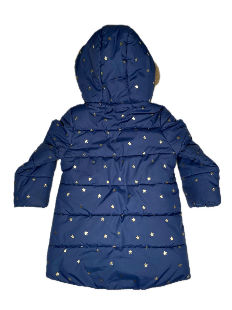 2-3 Boden, Blue, All-weather waterproof jacket, shearling-lined  w/ zip-off hood, metallic star print