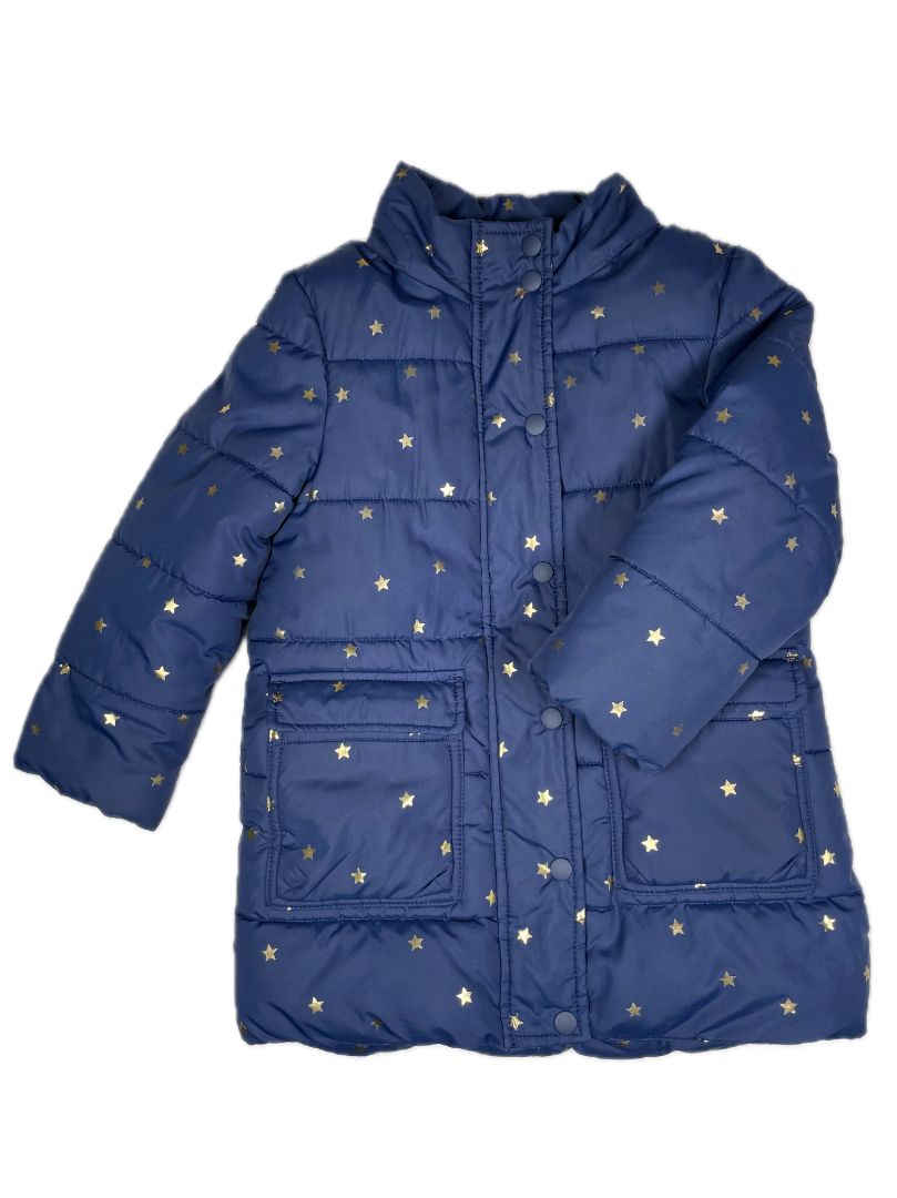 2-3 Boden, Blue, All-weather waterproof jacket, shearling-lined  w/ zip-off hood, metallic star print
