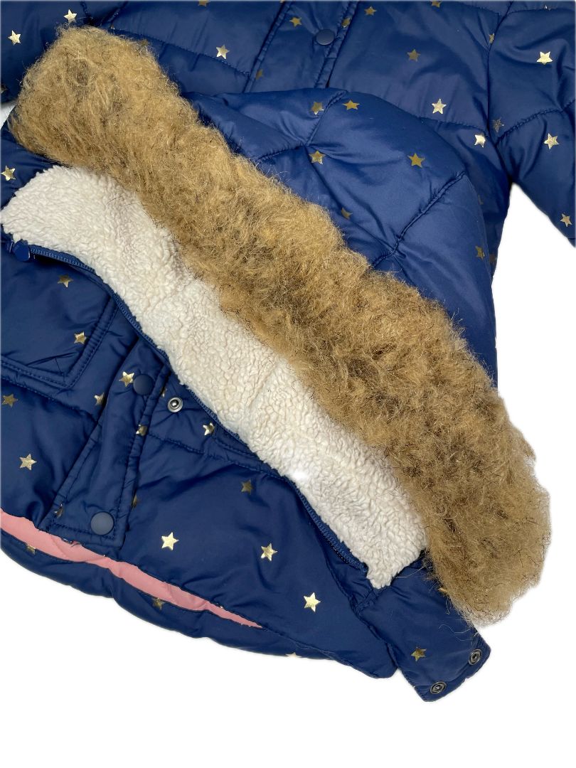 2-3 Boden, Blue, All-weather waterproof jacket, shearling-lined  w/ zip-off hood, metallic star print