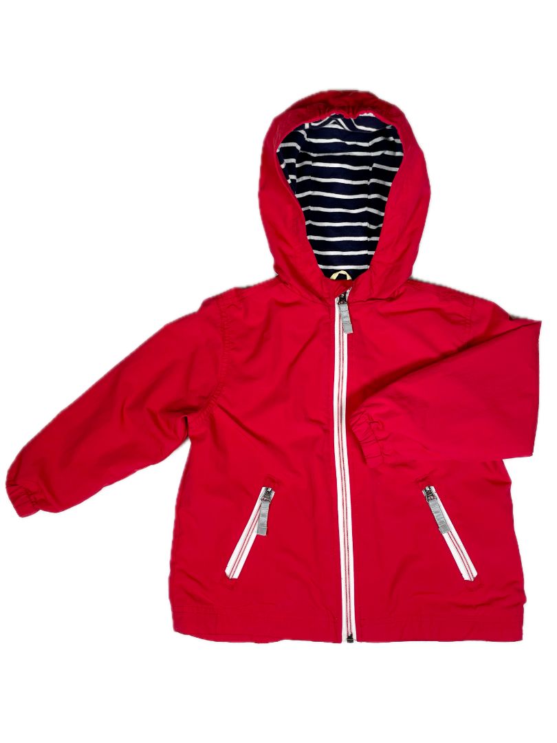 4/4T Hanna Andersson, Red, Lightweight water-resistant zip-up hoodie, navy striped cotton lining