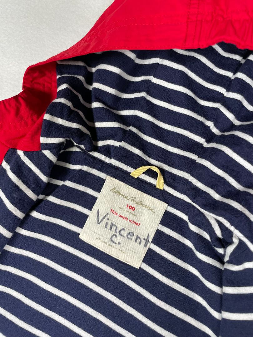 4/4T Hanna Andersson, Red, Lightweight water-resistant zip-up hoodie, navy striped cotton lining