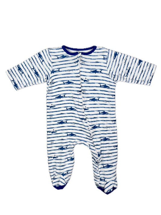 9 mo Little Me, Blue, Striped & shark print footed zip-up coverall